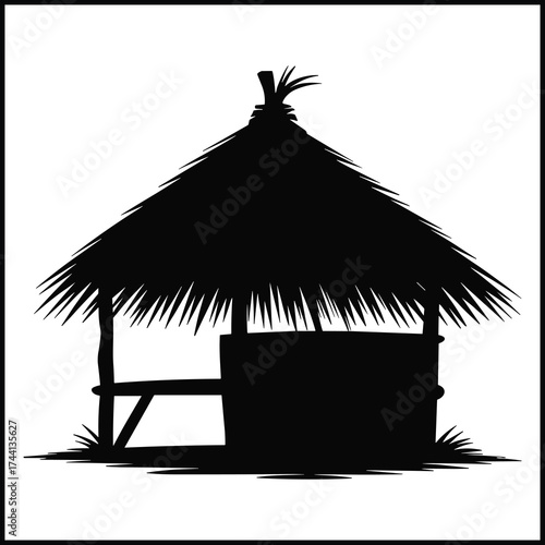 simple hut with a distinct thatched roof made of straw or palm leaves