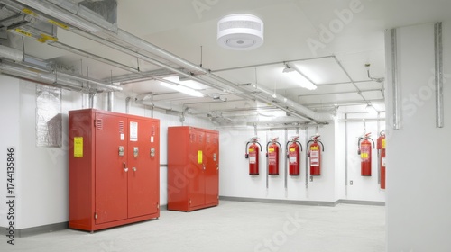 Fire Safety Equipment Room With Red Cabinets And Extinguishers. Industrial Safety And Emergency Preparedness