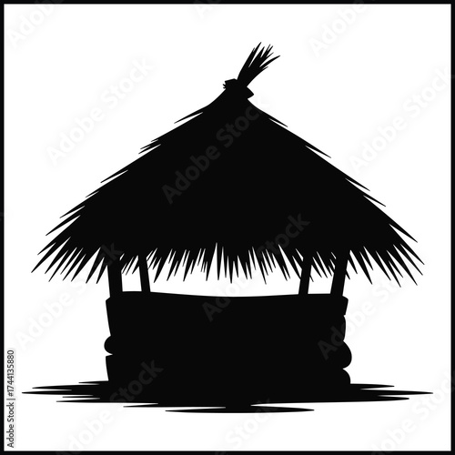 simple hut with a distinct thatched roof made of straw or palm leaves