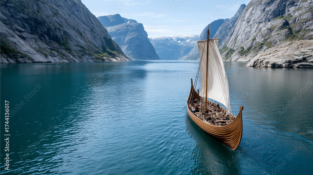 Fototapeta premium viking longboat sailing off fjords ready to raid