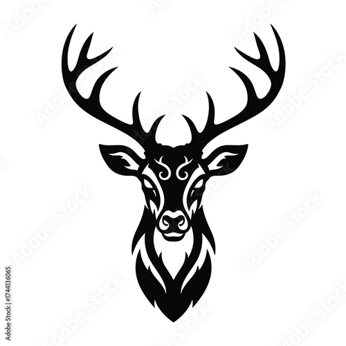 Black tribal deer head with ornate antlers stag