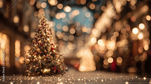 Fototapeta Naklejka Na Ścianę i Meble -  Christmas tree with lights on a street at night with the streets in the background with out-of-focus Christmas lights