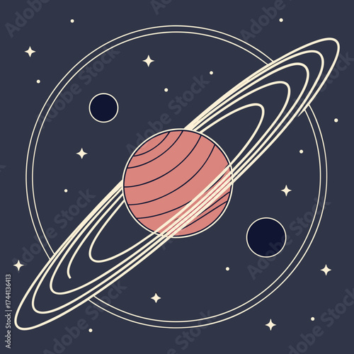 Stylized illustration of a ringed planet and stars in deep space