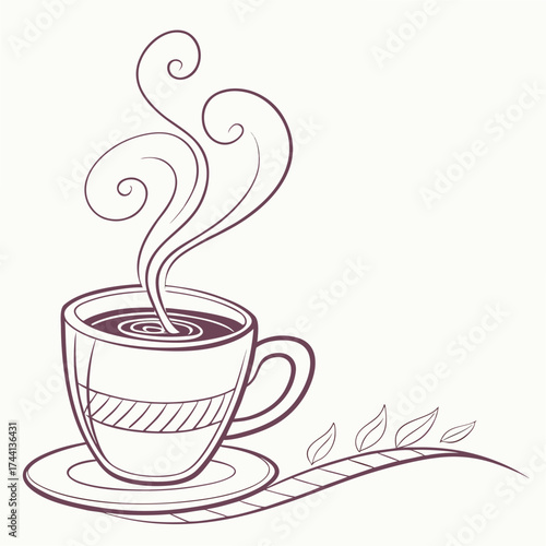 Stylized illustration of a steaming cup of coffee on a saucer with decorative elements