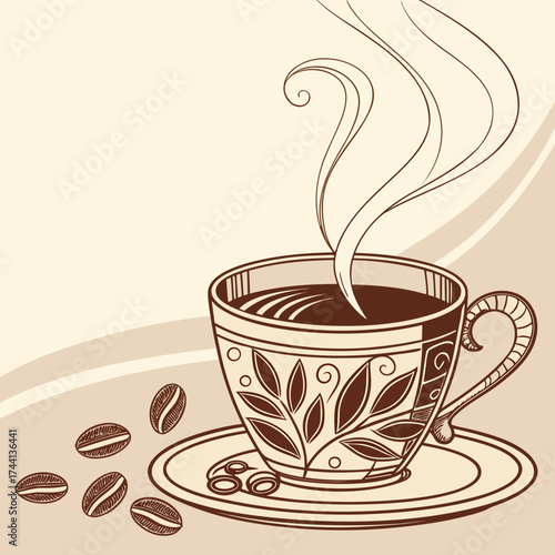 Stylized illustration of a steaming cup of coffee with beans