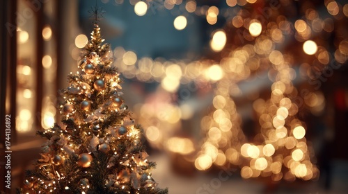 Fototapeta Naklejka Na Ścianę i Meble -  Christmas tree with lights on a street at night with the streets in the background with out-of-focus Christmas lights