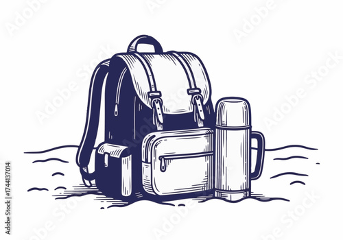Backpack with thermos and side pocket resting on snowy ground, showcasing winter adventure essentials for outdoor exploration and travel