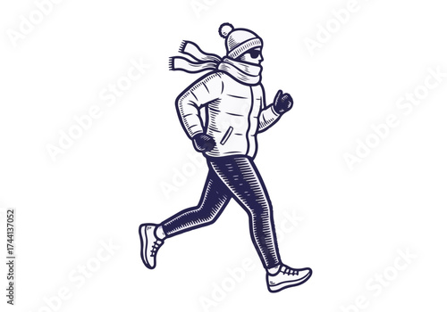 Active person running in winter attire, wearing a warm jacket and scarf, enjoying outdoor exercise in a snowy environment, embodying winter fitness and vitality