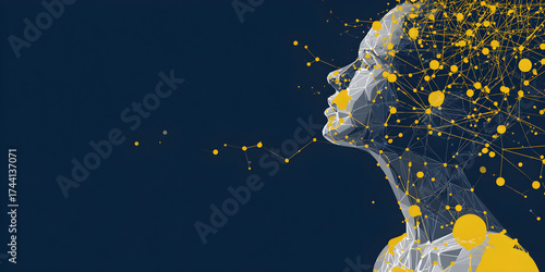 Stunning abstract digital head with glowing neural network connections symbolizing artificial intelligence and futuristic thought processes