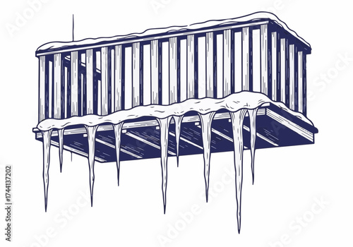 Winter scene featuring a wooden balcony covered in snow, with icicles hanging from the edge, creating a serene and chilly atmosphere of the season