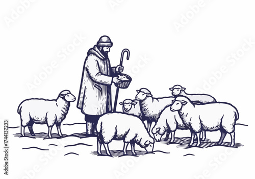 Shepherd in winter attire feeding sheep in snowy landscape, surrounded by grazing animals, showcasing pastoral life and the beauty of winter farming