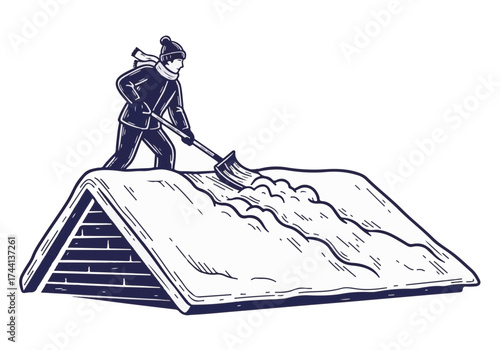 Man wearing winter clothing shoveling snow off a sloped roof with a shovel, showcasing winter maintenance and the importance of snow removal for safety and property protection