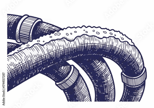 Detailed illustration of interconnected hoses with textured surfaces and realistic shading, showcasing the intricacies of industrial design and functionality in a winter setting