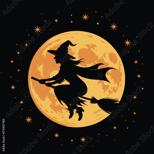 Witch Flying Silhouette: Halloween Design with Full Moon, Broomstick, and Stars on a Dark Night


