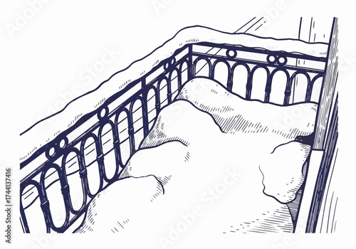 Snow-covered balcony with intricate iron railing, showcasing a serene winter scene, inviting tranquility and peacefulness in a cozy atmosphere with soft sunlight filtering through