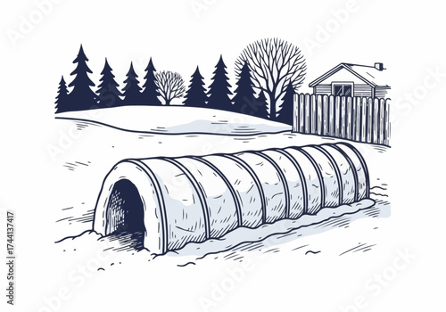 Snow-covered landscape featuring a curved snow tunnel, surrounded by evergreen trees and a cozy house, illustrating a serene winter scene with natural beauty