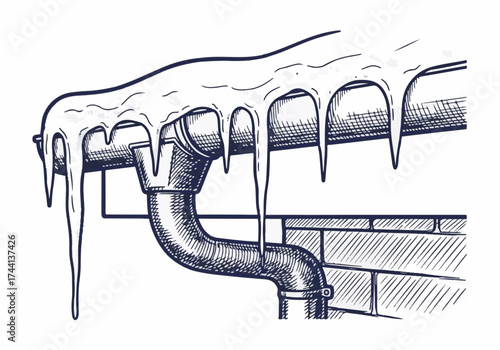 Frozen pipe with icicles hanging from the edge, showcasing winter's chill, highlighting the effects of cold weather on plumbing systems and infrastructure