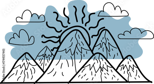 Mountain range with sun and clouds in a stylized cartoon drawing