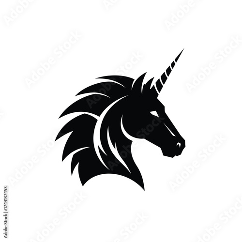 Black unicorn head profile with horn Keywords: unicorn, head, profile, logo, black, white