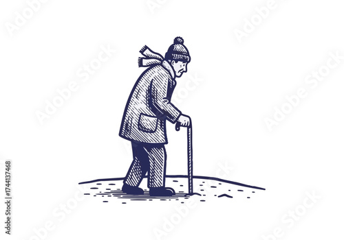Elderly man wearing winter coat and hat walks with cane through snowy landscape, showcasing resilience and determination in cold weather during winter season