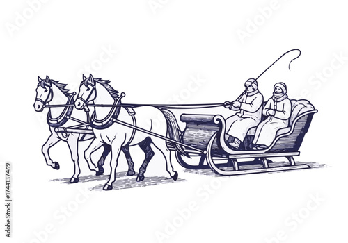 Two horses pulling a traditional sleigh with passengers dressed in winter attire, showcasing a classic winter scene with snow-covered landscape and festive atmosphere