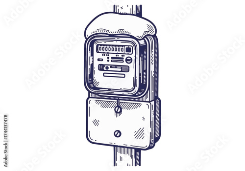 Winter scene featuring a snow-covered electric meter on a wooden post, showcasing the impact of cold weather on utility infrastructure and energy consumption