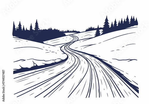 Winter landscape illustration featuring a winding road through snow-covered hills and evergreen trees, evoking a serene and peaceful atmosphere in a snowy environment