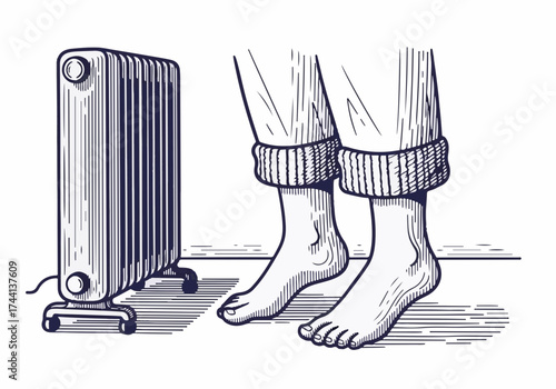 Cozy winter scene featuring bare feet in warm socks beside a vintage radiator, evoking a sense of comfort and warmth during the cold season