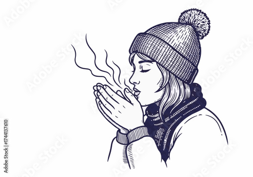 Young woman with a knitted hat and scarf warms her hands, exhaling steam in a cozy winter atmosphere, embodying the essence of winter warmth and comfort