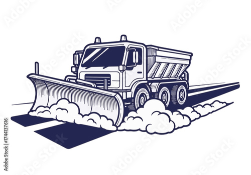 Snow plow truck clearing a winter road, with snow clouds billowing behind, showcasing the power of winter maintenance and the importance of road safety during snowy conditions