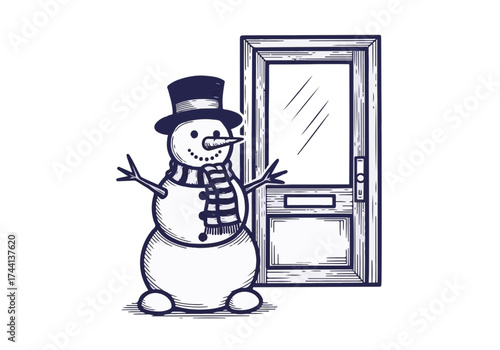Snowman character with a top hat and scarf stands cheerfully at an open door, inviting winter joy and warmth into the home, embodying the spirit of the season