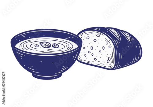 Warm bowl of soup with fresh herbs beside a loaf of crusty bread, creating a cozy winter meal atmosphere, perfect for comfort food lovers and seasonal dining