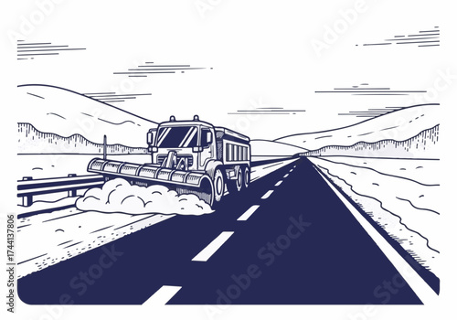 Snowplow truck clearing a snow-covered road in a winter landscape, surrounded by white hills and a clear sky, illustrating winter maintenance and safety