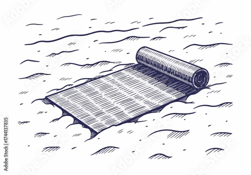 Winter landscape featuring rolled yoga mat on snow-covered ground, inviting serene practice in nature, emphasizing tranquility and mindfulness in cold weather