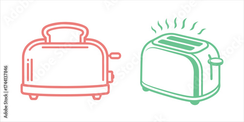 Two toasters in red and green kitchen appliances illustration design