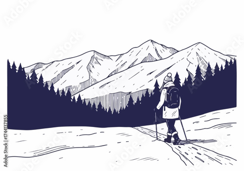 Winter hiking scene featuring a person trekking through snow-covered landscape with majestic mountains and evergreen trees in the background, capturing the essence of outdoor adventure
