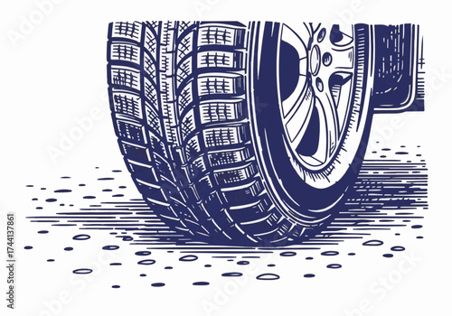 Detailed illustration of a winter tire on a snowy road, showcasing tread patterns and grip, emphasizing safety and performance in cold weather conditions