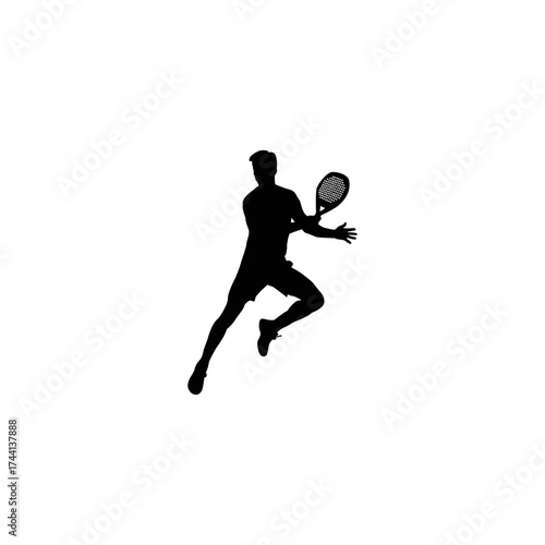 Silhouette of a male tennis player in action hitting a forehand shot on a white background