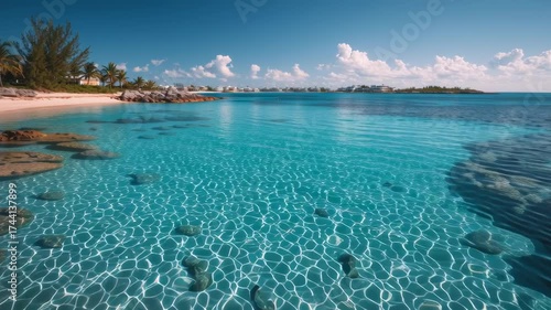 Tranquil beach with clear turquoise water, rocky shoreline, and lush vegetation under a serene blue sky