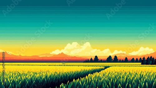 Vibrant Sunrise Over Golden Fields with Rolling Hills and Clear Blue Sky in a Peaceful Countryside Landscape