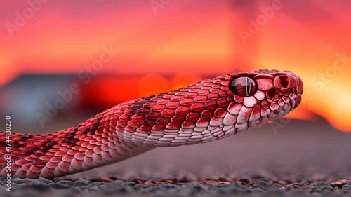 Vibrant Sunset Background with a Close-Up of a Colorful Snake in a Natural Environment