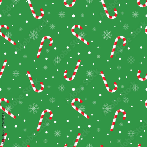 Christmas seamless pattern with red and white candy canes and winter snowflakes isolated on green background.Merry Xmas vector graphic illustration wallpaper.