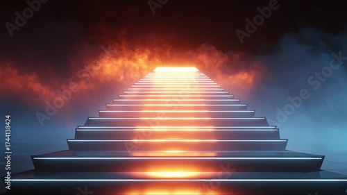 A high-definition conceptual cinematic sequence depicting a metal staircase leading into darkness. Each step glows brighter than the last, symbolizing the stages of escalation