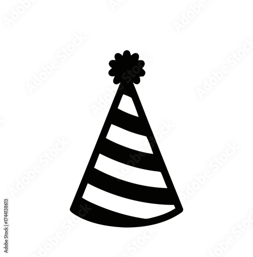 Stripped party hat with pompom on top in black and white illustration