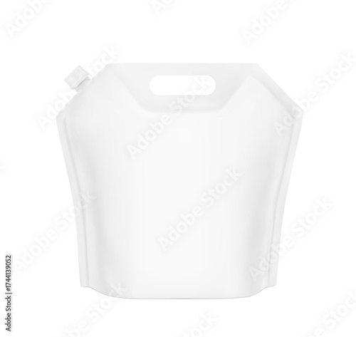 Pouch bag with plastic handle and spout mockup. Vector illustration isolated on white background. Front view. Perfect to make final pack shot your product. EPS10.