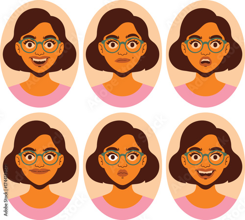 Six Female Avatar Facial Expressions Set. Diverse Emotions, User Profile, Communication, and Reaction Vector Icons