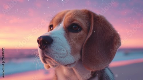 Beautiful Beagle Dog Against Scenic Sunset Background with Soft Bokeh Effect in Dreamy Landscape