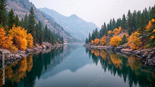 Tranquil Autumn Landscape with Colorful Trees and Serene Lake Reflections in Majestic Mountain Setting