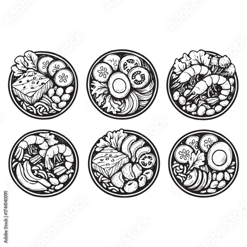 poke bowl collection. Salmon, cucumber, tomato, egg, shrimp and other vector