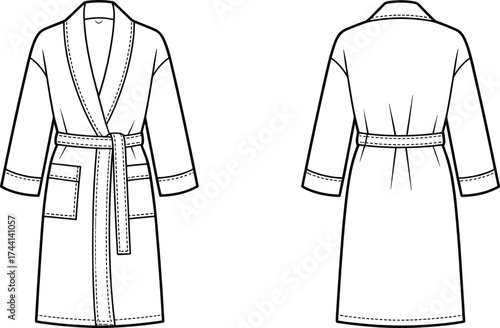 Front and Back Technical Sketch of Bathrobe with Shawl Collar, Long Sleeves, Patch Pockets, Waist Belt with Loops, and Seam Details for Apparel Construction